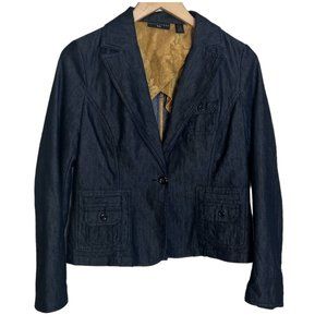 Apostrophe Tailored Denim One Button Blazer Jacket Pockets  Women’s 10 Petite